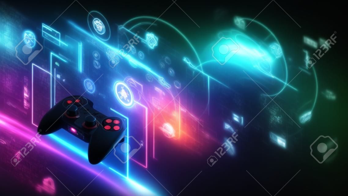 Banner de conceito de jogos de vídeo online. E esportes na internet. Jogos de rede de computadores. Tecnologia de entretenimento. Gamepad pairou perto da interface holográfica e do mapa virtual do mundo. Comunicação de jogos na Web.