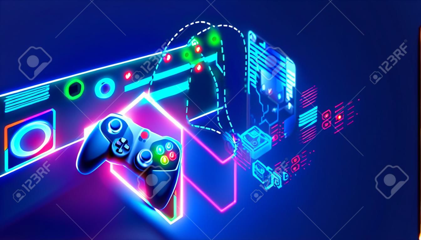 Online video games concept banner. E sports in internet. Computer network games. Entertainment technology. Gamepad hovered near holographic interface and world virtual map. Web gaming communication.