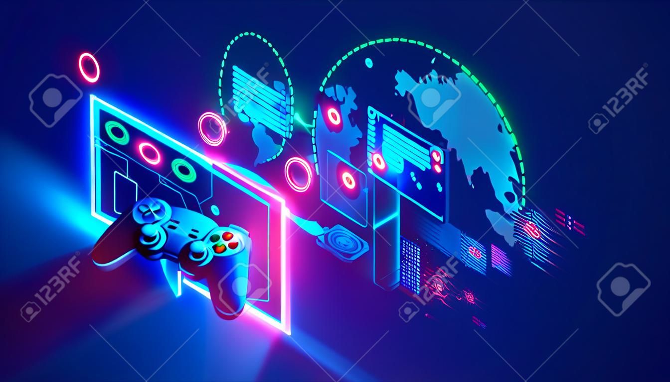 Online video games concept banner. E sports in internet. Computer network games. Entertainment technology. Gamepad hovered near holographic interface and world virtual map. Web gaming communication.