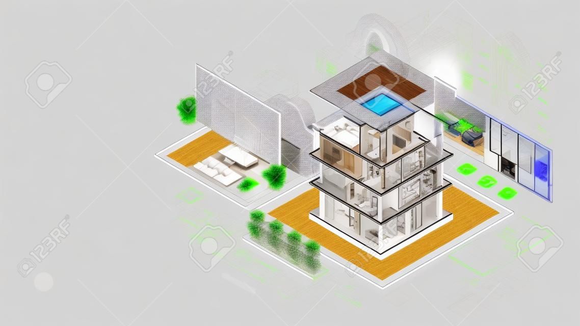 스마트 하우스 시스템 프로그래밍 소프트웨어. 건축, 통신, 전기 공학 개발. 스마트 빌딩의 CAD 프로그램에서 설계합니다. 아이오티. 건축 3D 계획.