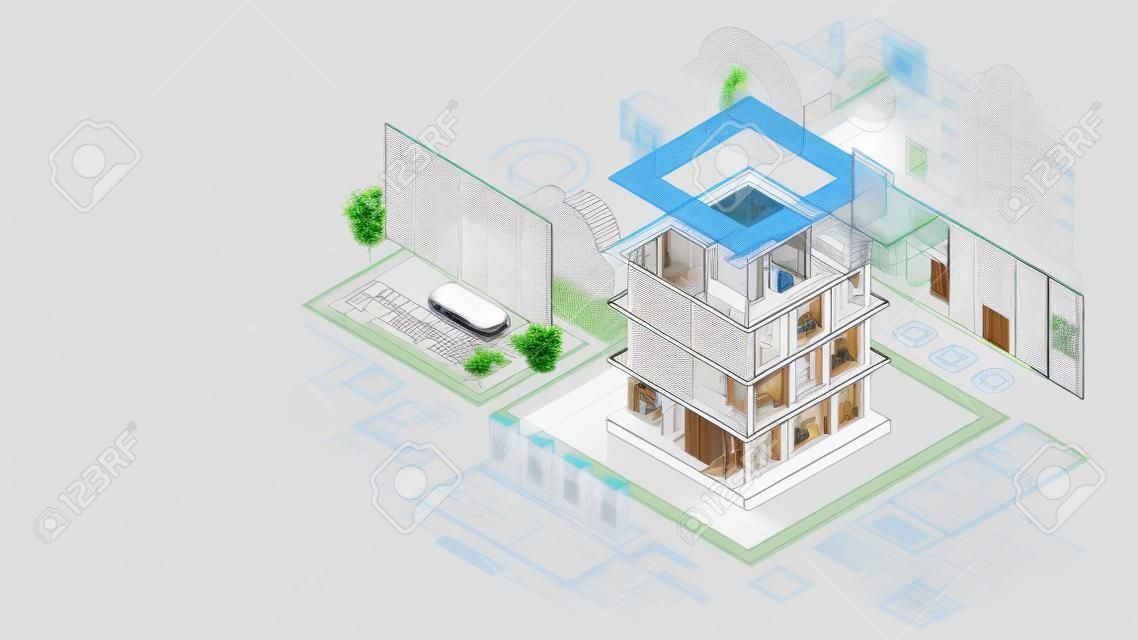 Software di programmazione del sistema Smart House. Sviluppo ingegneristico di edilizia, comunicazione, elettricità. Progettazione in programmi CAD di Smart building. AI dell'IoT. Piano architettonico 3d.