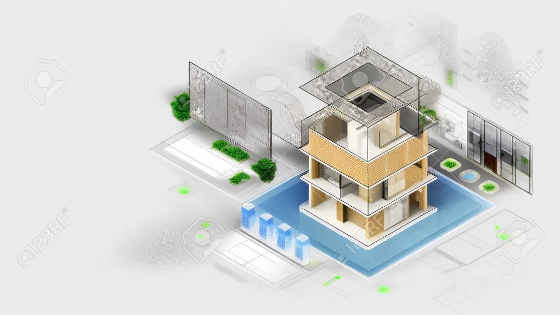 스마트 하우스 시스템 프로그래밍 소프트웨어. 건축, 통신, 전기 공학 개발. 스마트 빌딩의 CAD 프로그램에서 설계합니다. 아이오티. 건축 3D 계획.