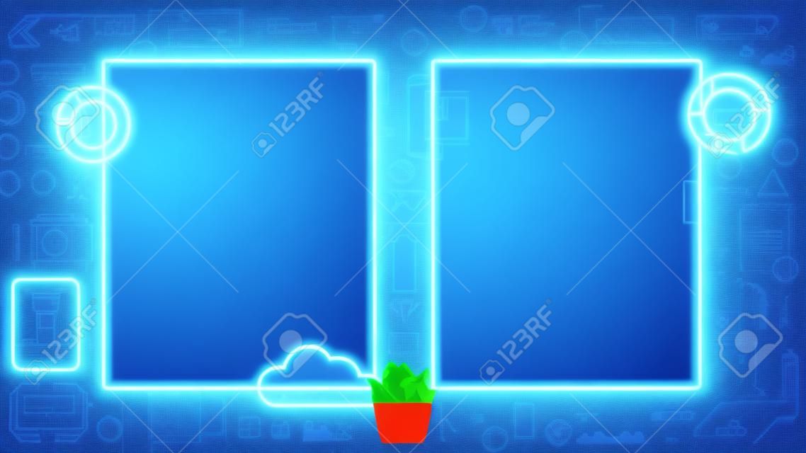 Double neon vertical frames or borders mock up on blue background in digital computer technology style for children. Templates presentation for Kids learning STEM professions. online education courses