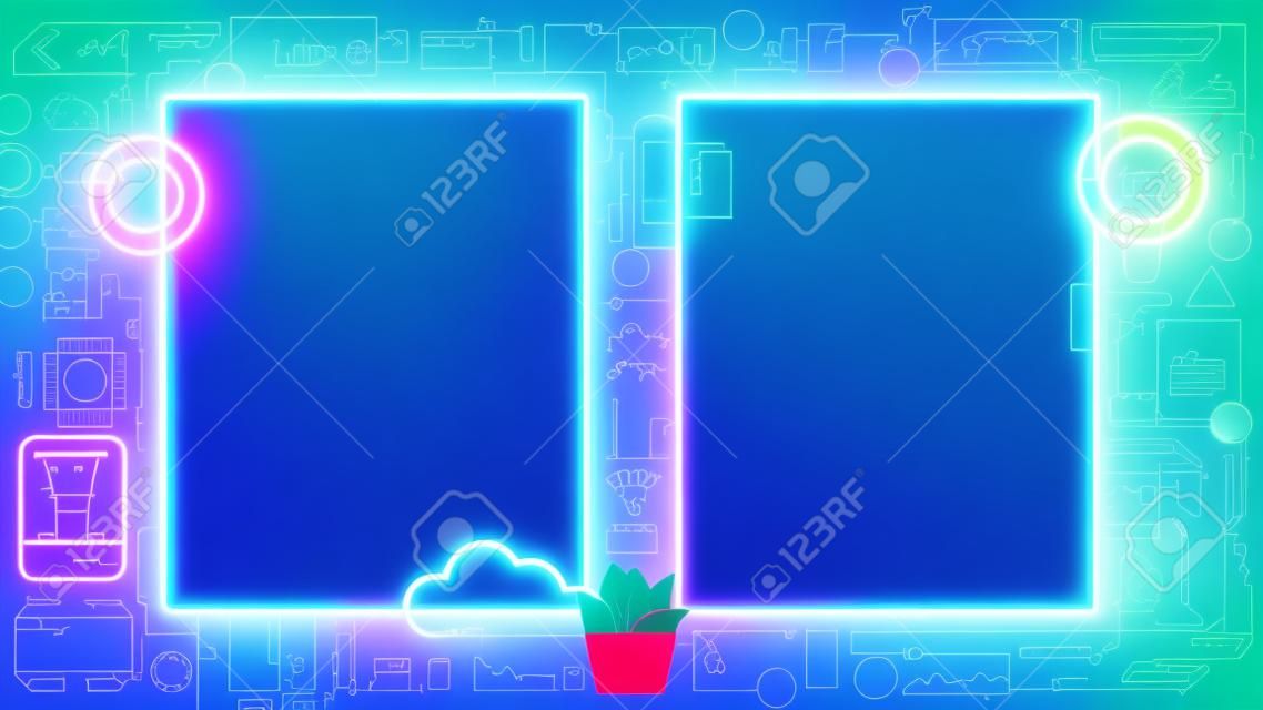 Cornici o bordi verticali al neon doppi mock up su sfondo blu in stile tecnologia informatica digitale per bambini. Presentazione di modelli per bambini che imparano le professioni STEM. corsi di formazione online