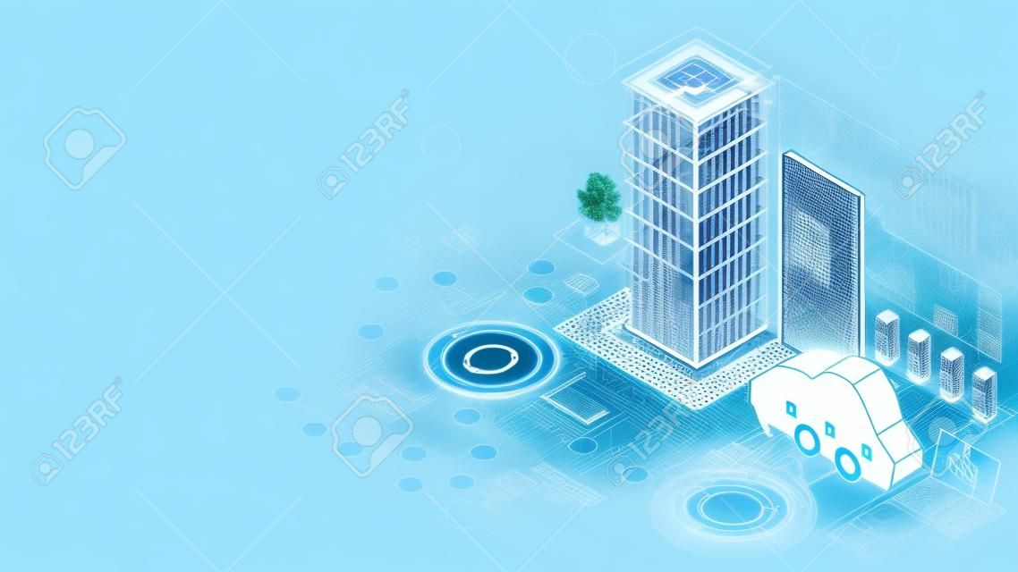 Development architecture computer systems of smart building. Design modern building construction with ai controls. Project smart house construction with artificial intelligence and IOT systems.