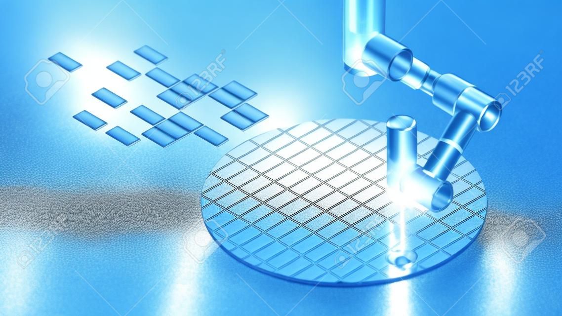Semiconductor wafer fot manufacture microchips. Electronic technology equipment. Laser on robotic arm cutting slices chip on silicon wafer on factory. CPU production. Semiconductor crystal disc.