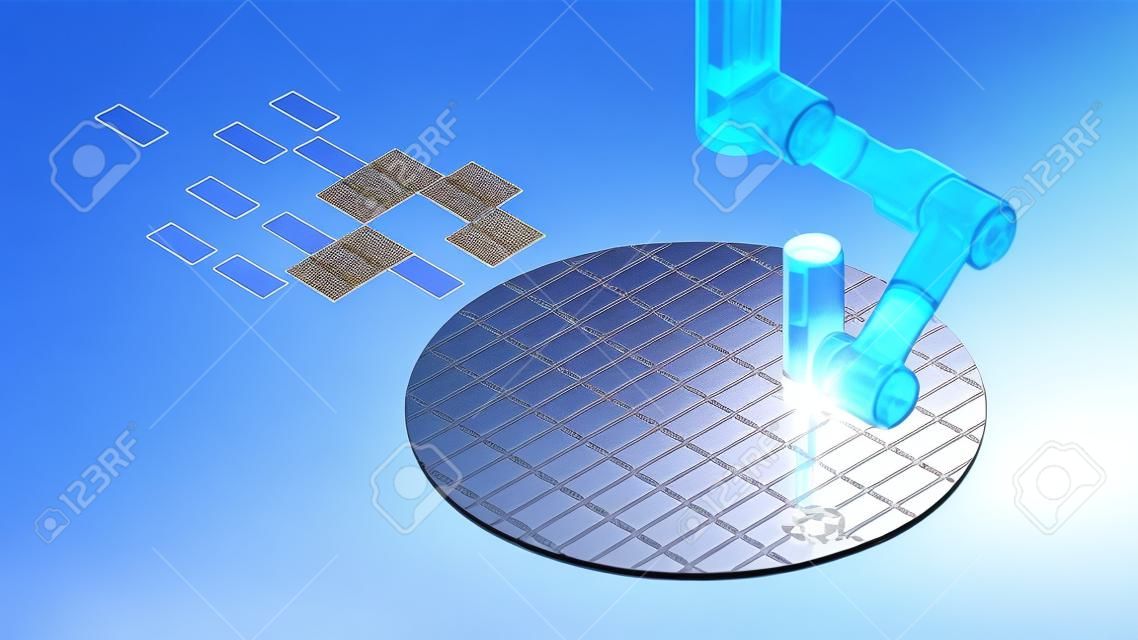 반도체 웨이퍼는 마이크로칩을 제조합니다. 전자 기술 장비. 공장의 실리콘 웨이퍼에 있는 로봇 팔 절단 조각 칩의 레이저. cpu 생산. 반도체 크리스탈 디스크.