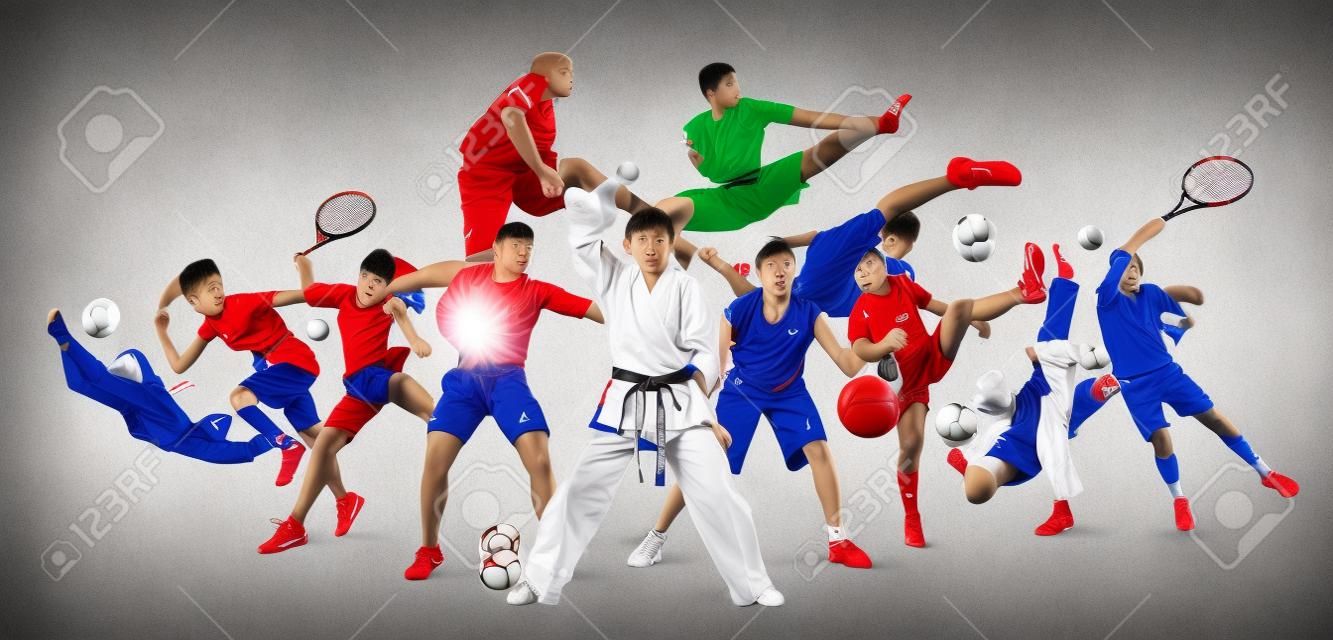 Ogromny wielosportowy kolaż taekwondo, tenis, piłka nożna, koszykówka, piłka nożna, judo itp
