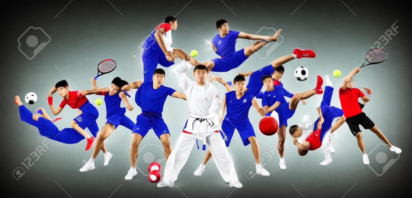 Enorme collage multi sport taekwondo, tennis, calcio, basket, calcio, judo, ecc