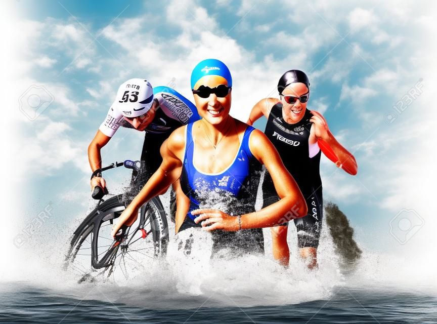 Triathlon-Sportcollage. Mann, Frau, Laufen, Schwimmen, Radfahren für Wettkampfrennen