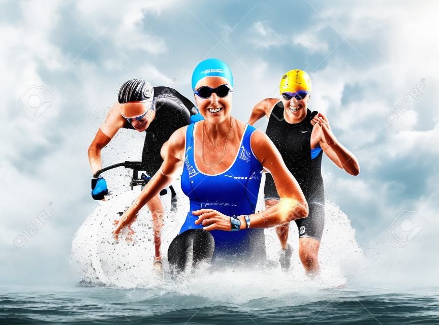 Collage deportivo de triatlón. Hombre, mujer corriendo, nadando, andando en bicicleta para una carrera de competencia