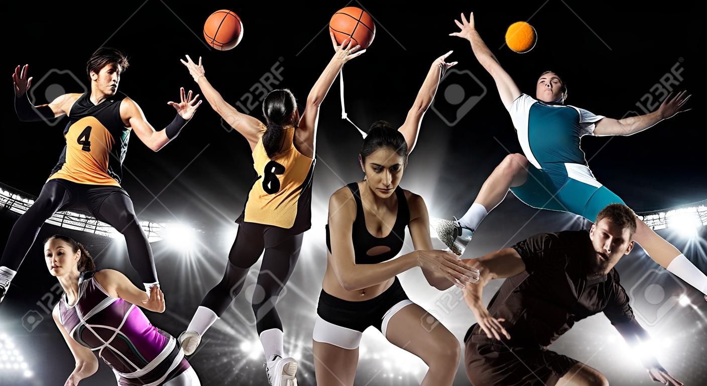 Sport collage. Basketball player, figure skating, rugby, athletic, volleyball. Sports banner