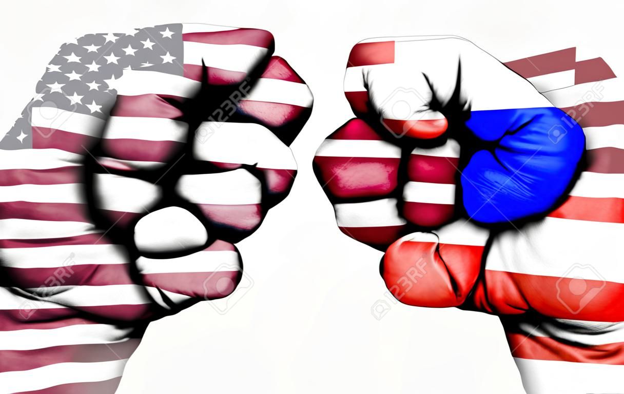 Conflito entre EUA e Rússia, punhos masculinos - conceito de conflito de governos