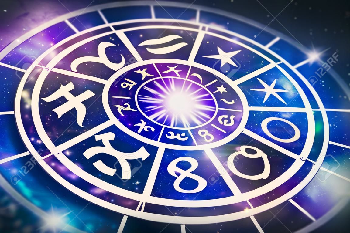 Astrological zodiac signs inside of horoscope circle on universe background - astrology and horoscopes concept - retro style