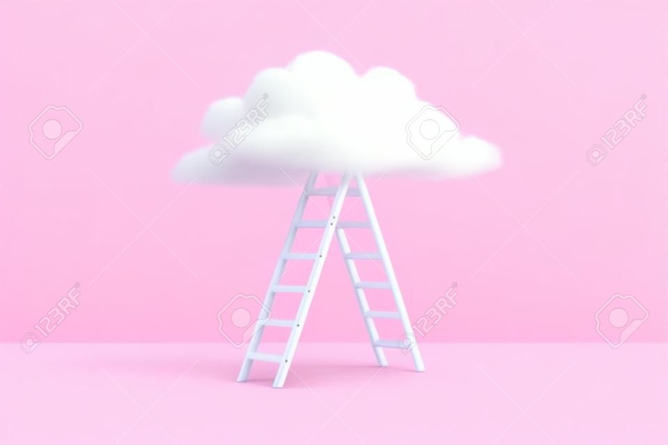 Step ladder leading to fluffy cloud on a pastel pink background. Growth, business success, development concept. Minimal creative composition. 3d rendering illustration
