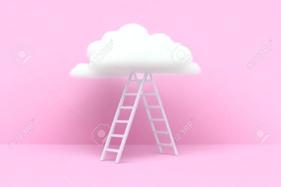 Step ladder leading to fluffy cloud on a pastel pink background. Growth, business success, development concept. Minimal creative composition. 3d rendering illustration