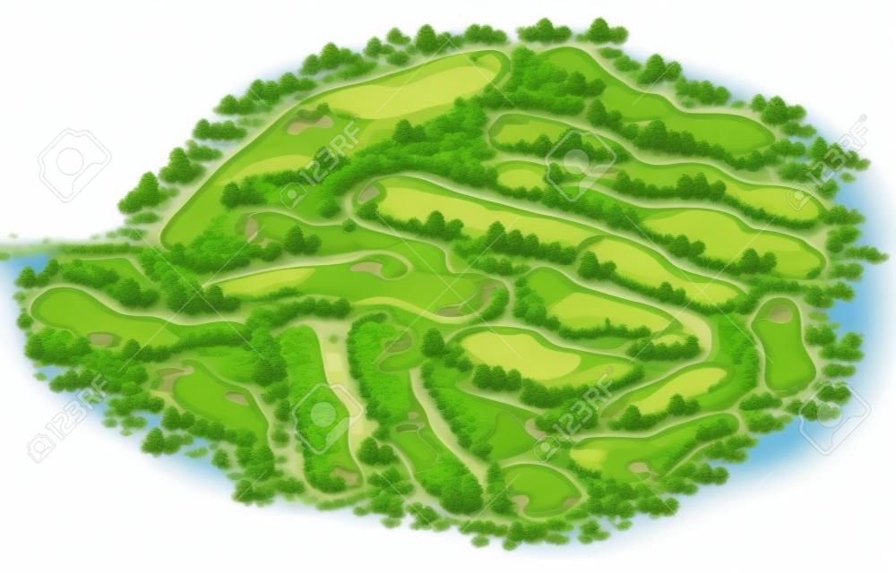 Golf course layout with flags trees plants water hazards. Vector map isometric illustration