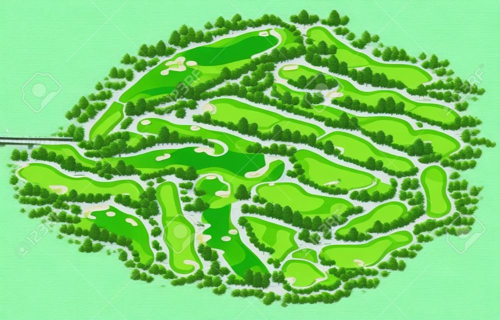 Golf course layout with flags trees plants water hazards. Vector map isometric illustration