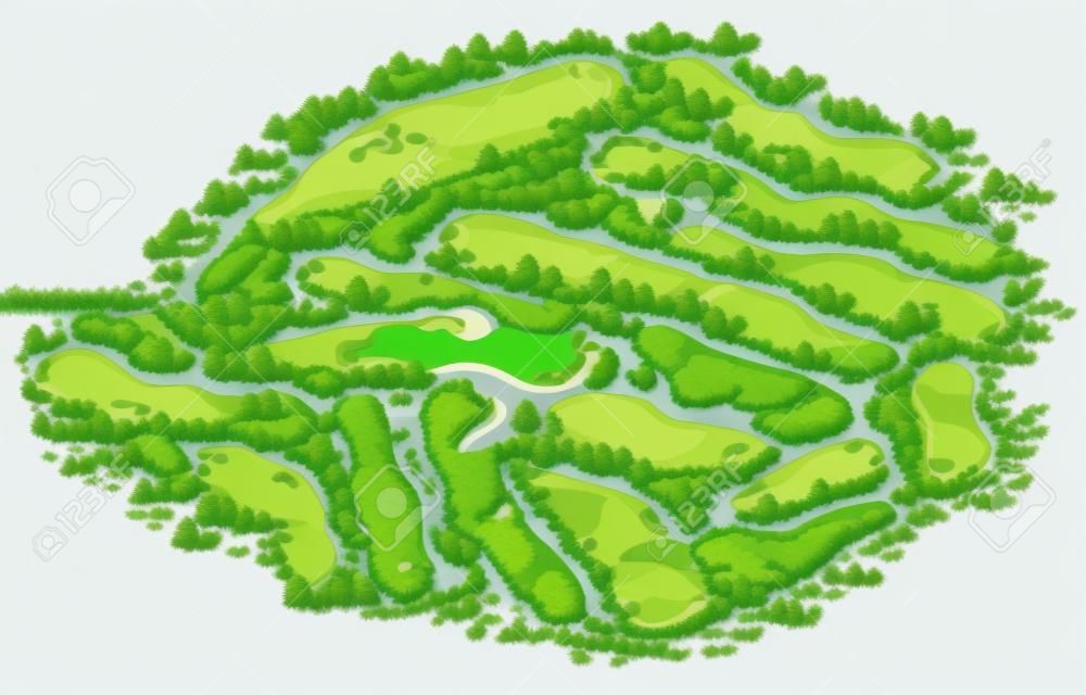 플래그 나무와 골프 코스 레이아웃은 워터 해저드 식물. 벡터지도 아이소 메트릭 그림