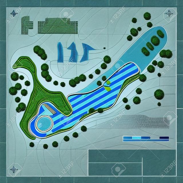 Golfbaan lay-out. Abstract ontwerp gestileerde blauwdruk technische tekening achtergrond