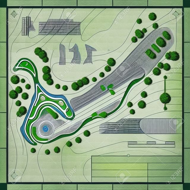 Golfbaan lay-out. Abstract ontwerp gestileerde blauwdruk technische tekening achtergrond