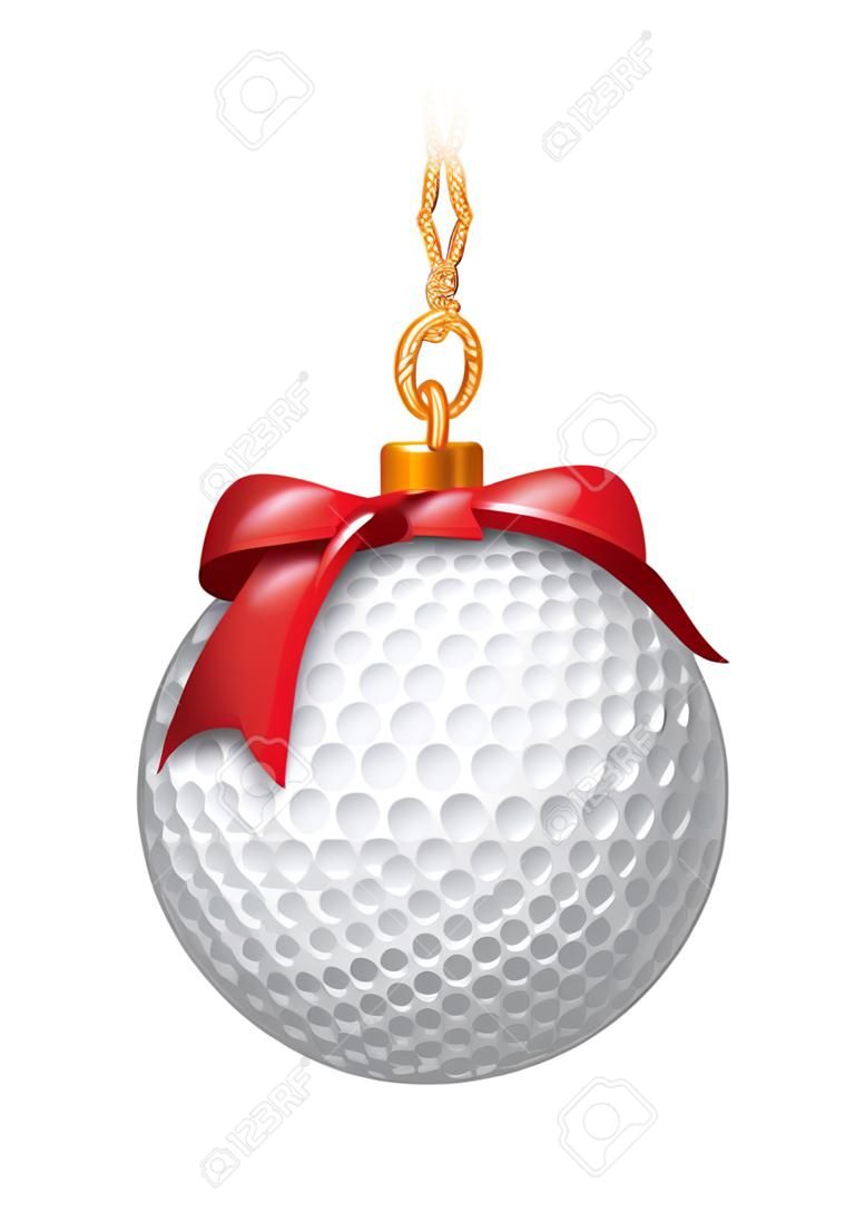 高尔夫球像圣诞节的小玩意。带有红色蝴蝶结的球。矢量孤立在白色背景上的插图