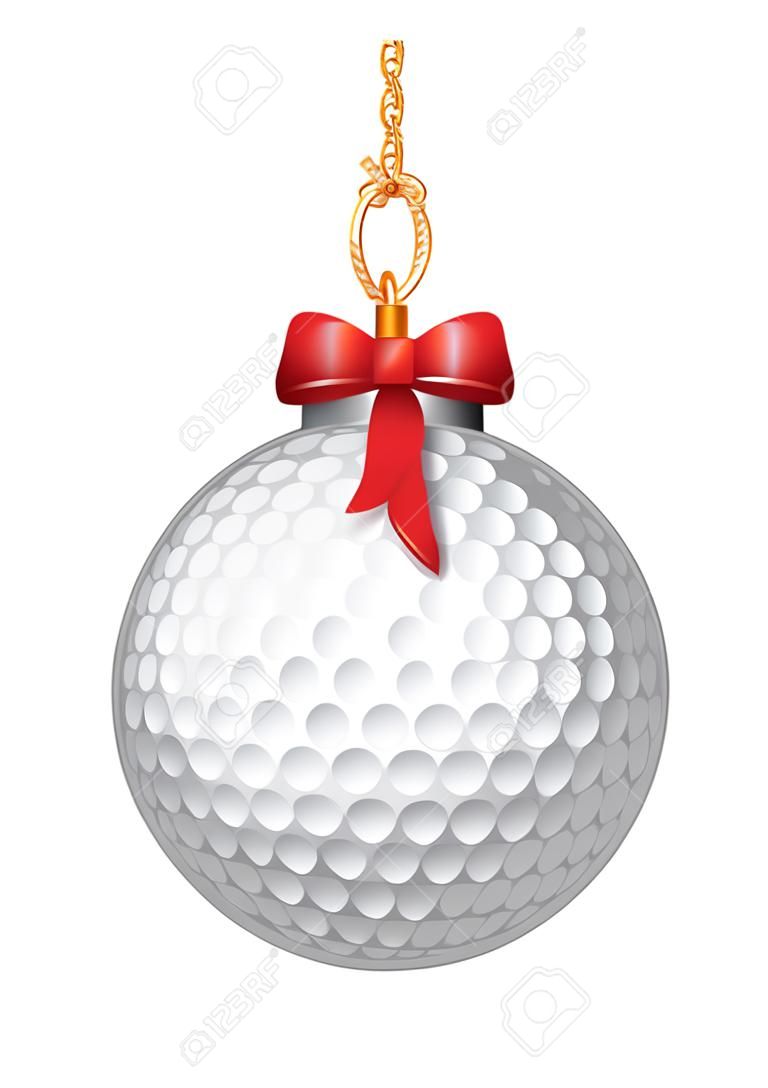Golf ball like christmas baubles. Ball with red bow. Vector isolated illustration on white background