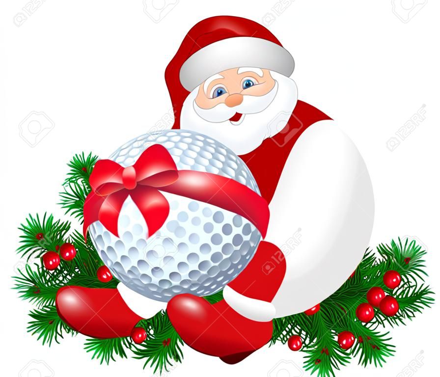Noel Baba kırmızı yay ile golf topu tutan. Noel Baba'ya çevresindeki dökmeyen.