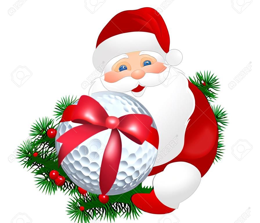 Santa Claus houdt golfbal met rode boog. Evergreen rond de kerstman.