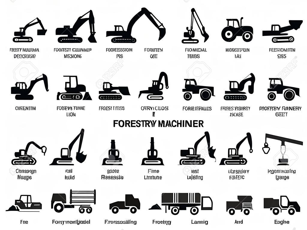 Set di icone di macchine forestali. Ogni icona con la descrizione dell'etichetta di testo. Tipi di macchine forestali. Silhouette vettoriali su sfondo bianco