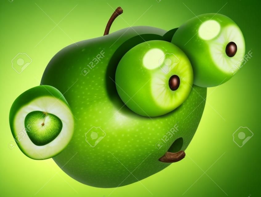 Groene appel met een verraste gezichtsuitdrukking. De ogen zijn wijd open en zien eruit als witte ballen steken uit