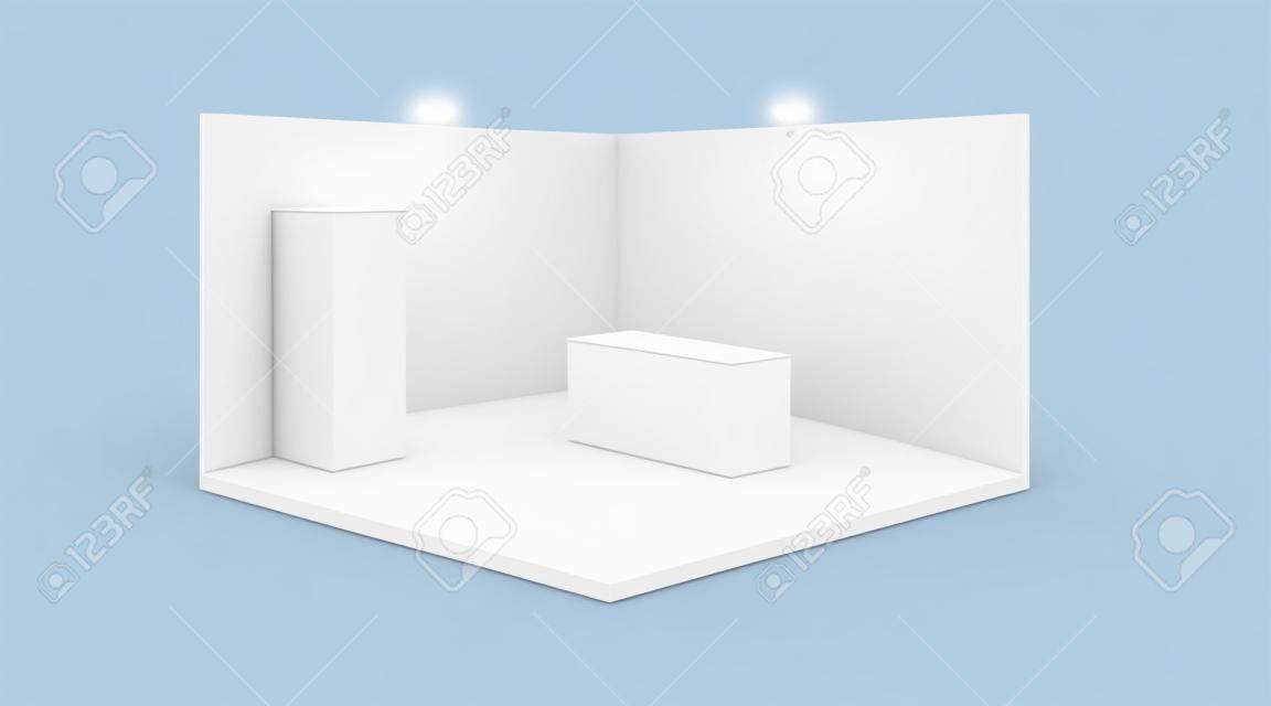 3D exhibition booth. White empty promotional stand with desk. Vector white empty geometric square. Presentation event room display. Blank box template