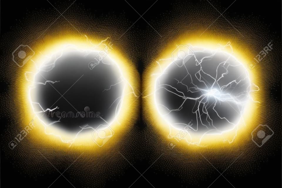 Ball lightning on a transparent background. Vector illustration, abstract electric lightning in gold color. Light flash, thunder, spark.
