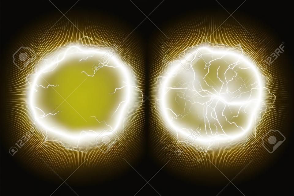Fulmine globulare su uno sfondo trasparente. illustrazione vettoriale, fulmine elettrico astratto in colore oro. lampo di luce, tuono, scintilla.