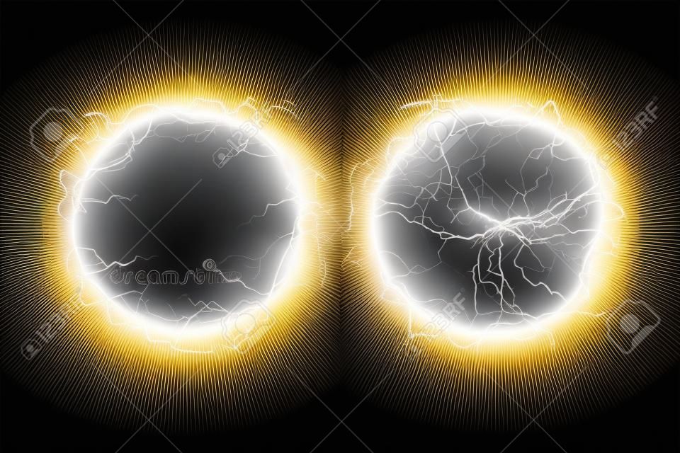 Ball bliksem op een transparante achtergrond. Vector illustratie, abstracte elektrische bliksem in gouden kleur. Lichtflits, donder, vonk.
