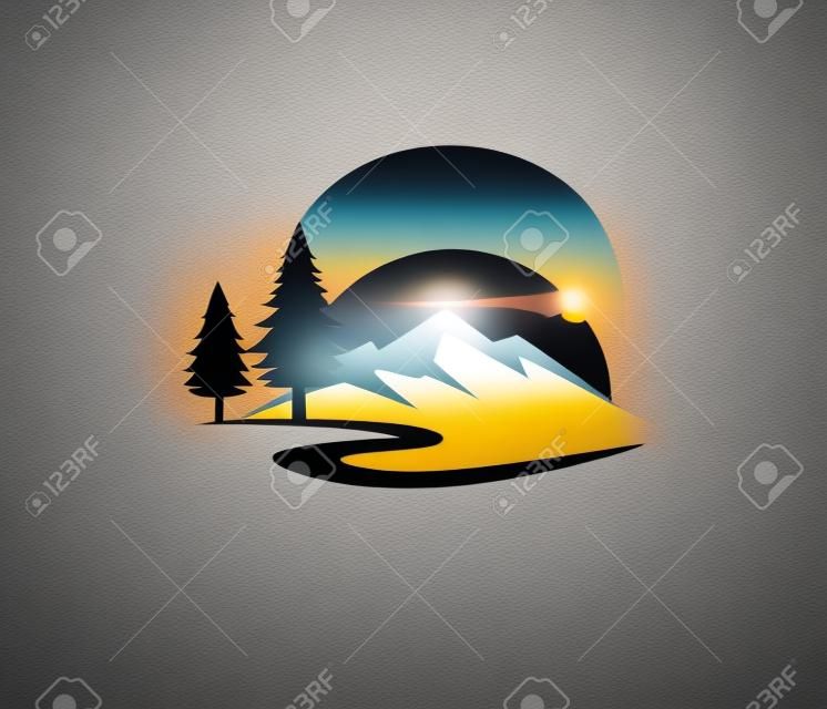 modello di progettazione di logo di vettore di albero di pino di strada di montagna tramonto