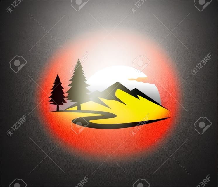 modello di progettazione di logo di vettore di albero di pino di strada di montagna tramonto