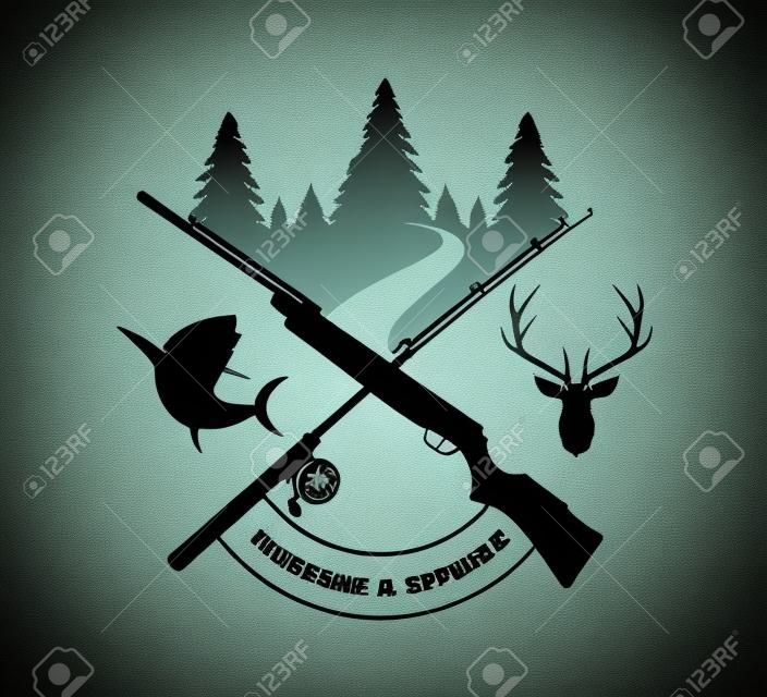 crossed rifle with fishing rod logo design inspiration template for hunting extreme sport
