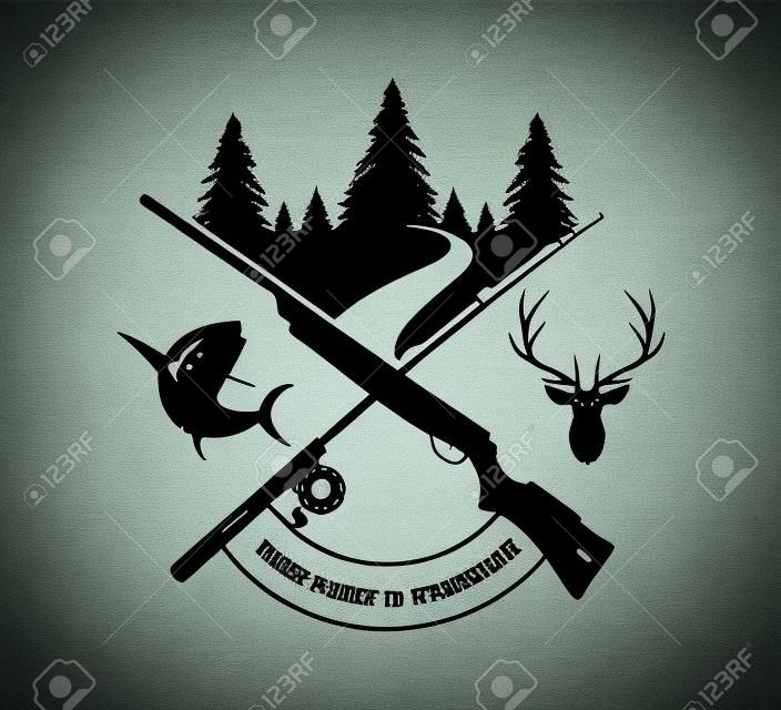 crossed rifle with fishing rod logo design inspiration template for hunting extreme sport