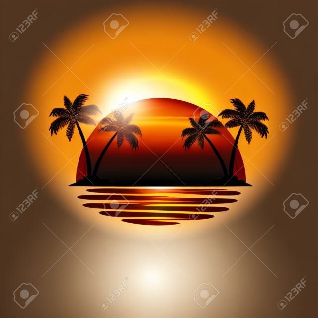 oranje gele zonsondergang tussen twee kokosboom eiland met schaduw op de zee vector logo ontwerp sjabloon