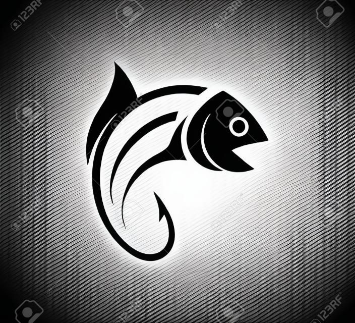 fishing outdoor sport, fish and hook vector icon logo design template