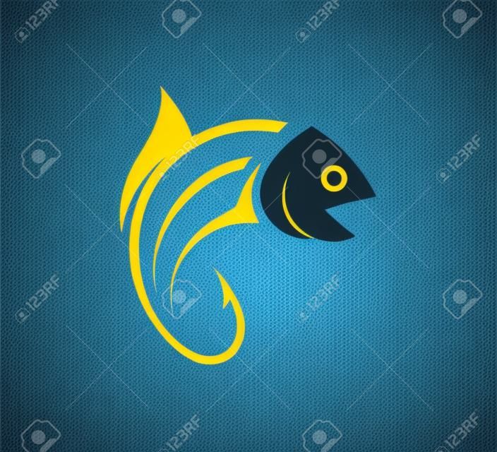 fishing outdoor sport, fish and hook vector icon logo design template