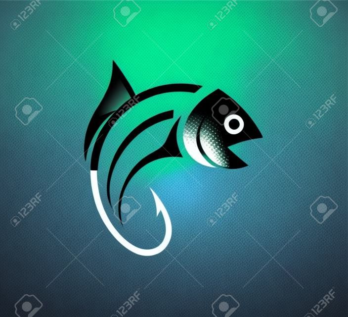 낚시 야외 스포츠, 물고기와 후크 벡터 아이콘 로고 디자인 서식 파일