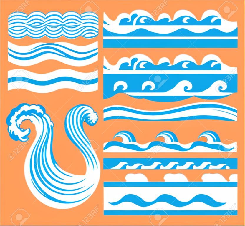 rolling ocean sea wave stream line pattern vector graphic design set template
