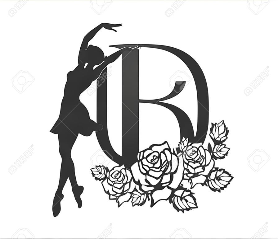 Ballerina-Tänzerin-Monogramm mit rosenblumengeschmücktem Design für das Schneiden von Papierhandwerk, Aufkleber, Sublimation, Vinyl-Schneidemaschine und Kunstillustration