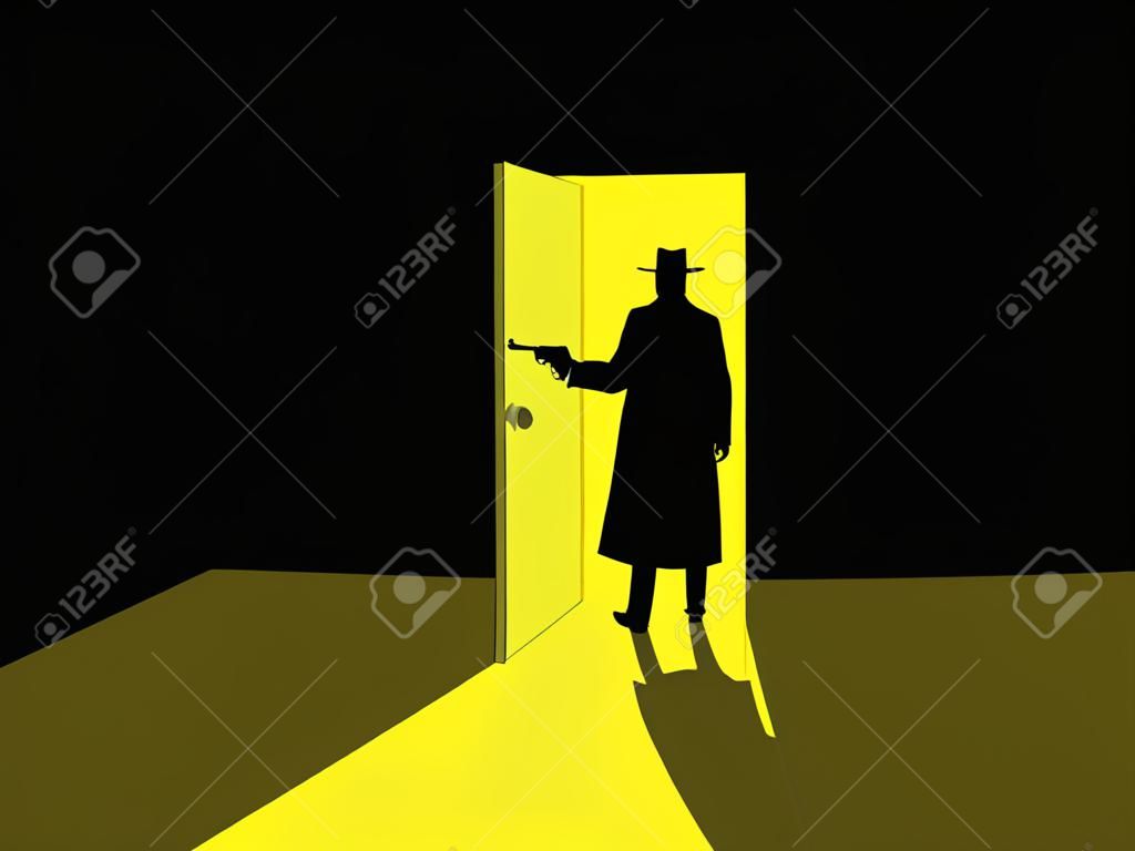 Armed man standing in the doorway. Man with gun in an open door. Light from the open door. Vector illustration.