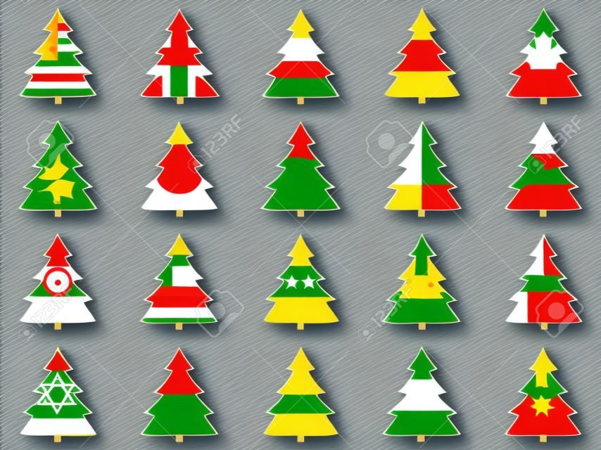 Firs with flags of different countries around the world. Collection of Christmas trees. Vector illustration.