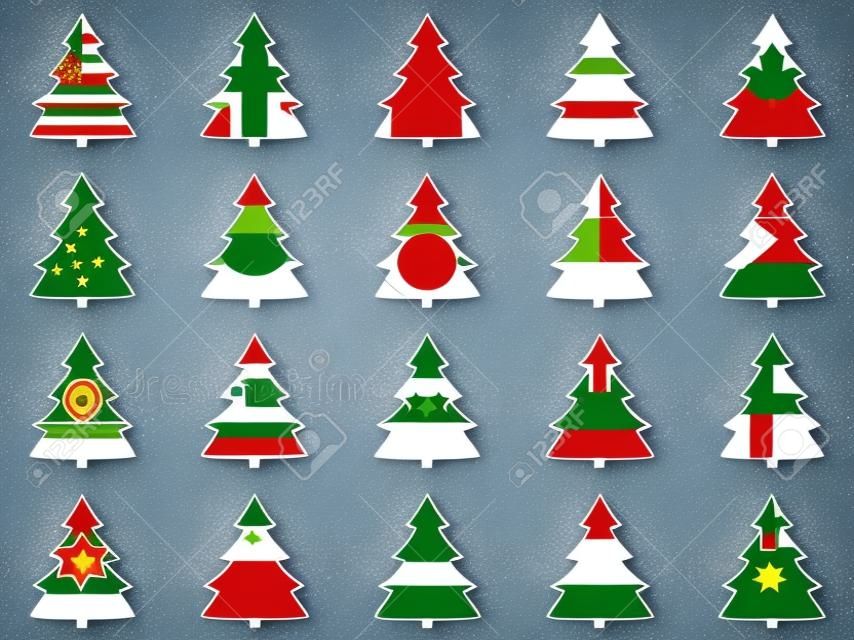 A világ különböző országainak zászlajaival rendelkező firs. Karácsonyfa gyűjteménye. Vektoros illusztráció.