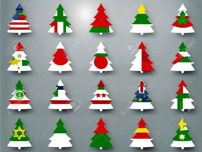 Firs with flags of different countries around the world. Collection of Christmas trees. Vector illustration.
