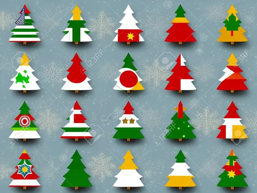 A világ különböző országainak zászlajaival rendelkező firs. Karácsonyfa gyűjteménye. Vektoros illusztráció.